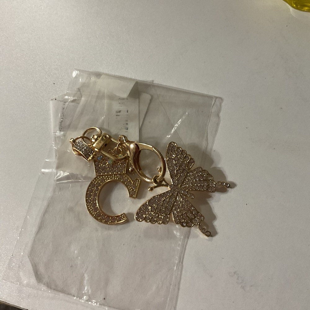 Gold Butterfly with Rhinestones and Initial C Keychain